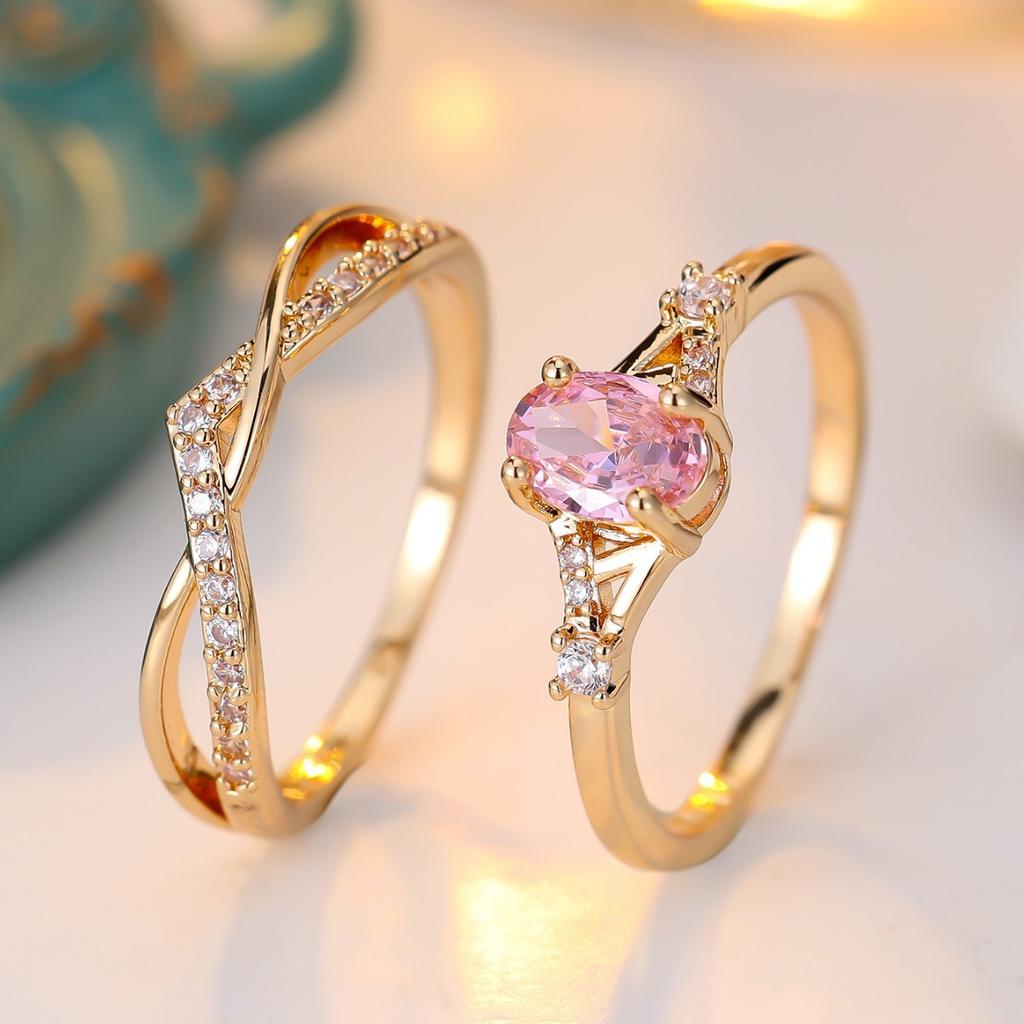 Light Luxury Ins Wind Cross Twisted Arm Pink Zircon Ring Set Everyday Versatile Thin Ring with Full Diamond Stacking Couple Rings