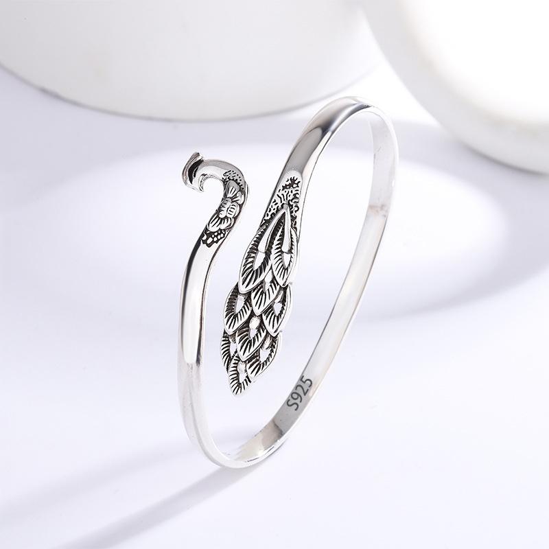 PANJBJ 925 Sterling Silver Feather Adjustable Couple Bangle Gothic Punk Design Women Jewelry Gift Lucky Bracelet Dropshipping