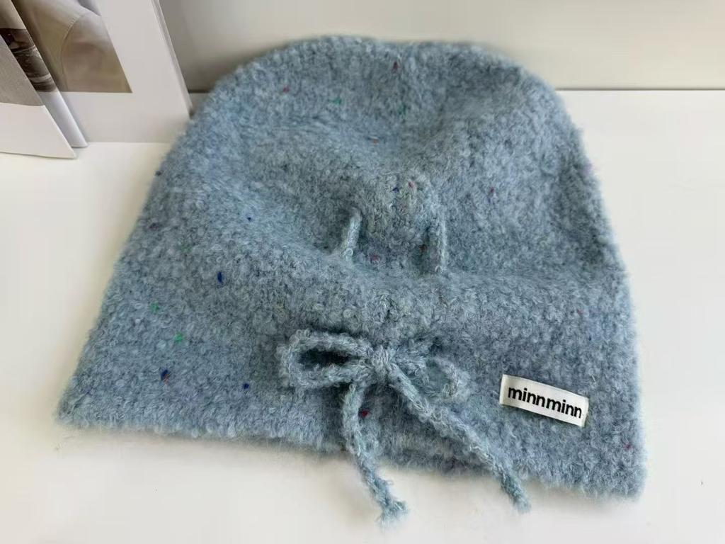 Curling lazy wind outdoor drawstring stacking hat knitted wool pullover hat neat solid color ear protection cold hat bag head