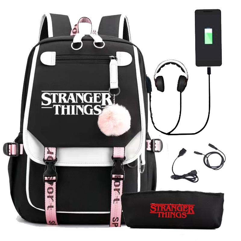 Zaino Stranger Things Stranger con Ricarica USB Borsa Scolastica per Studente di Scuola Media Astuccio Set da Due Pezzi