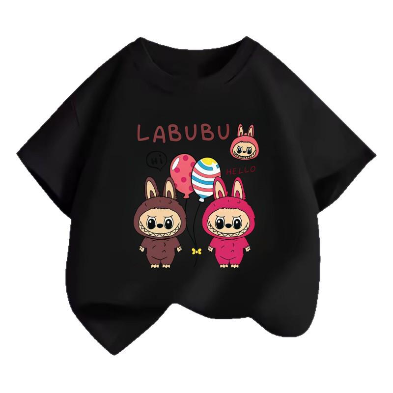 LABUBU Cartoon Print Kids' Short Sleeve T-shirt for Summer - Unisex Round Neck Top