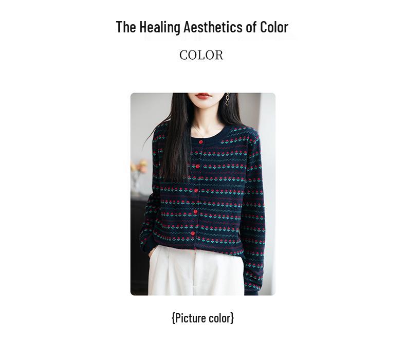 Women's Autumn/Winter Fine Wool Crew Neck Floral Cardigan Sweater - Gentle Style Knitwear.