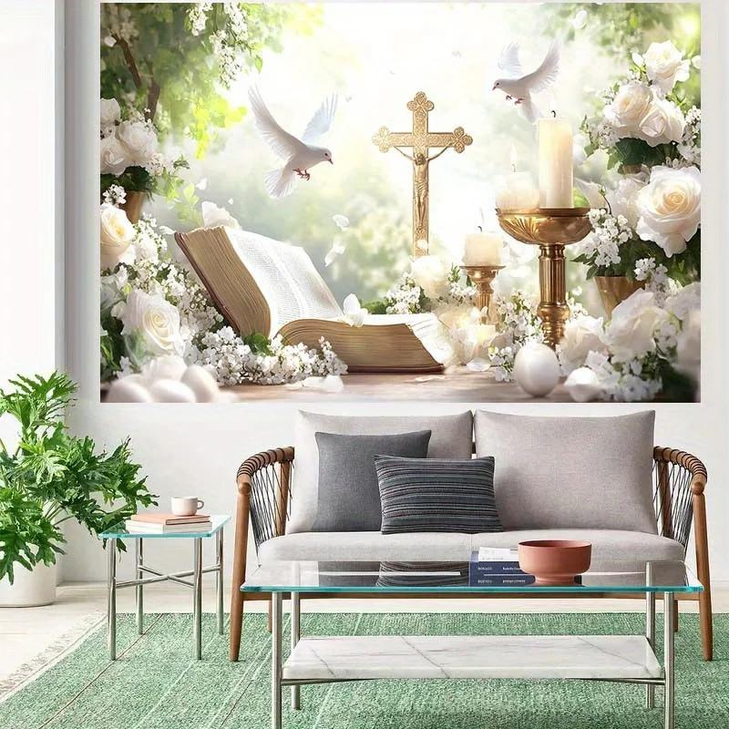 1 Piece, 2D Flat Design, "God's Blessing" Themed Backdrop - Polyester Party Decoration (including Cross and Bible Pattern), Wsj
