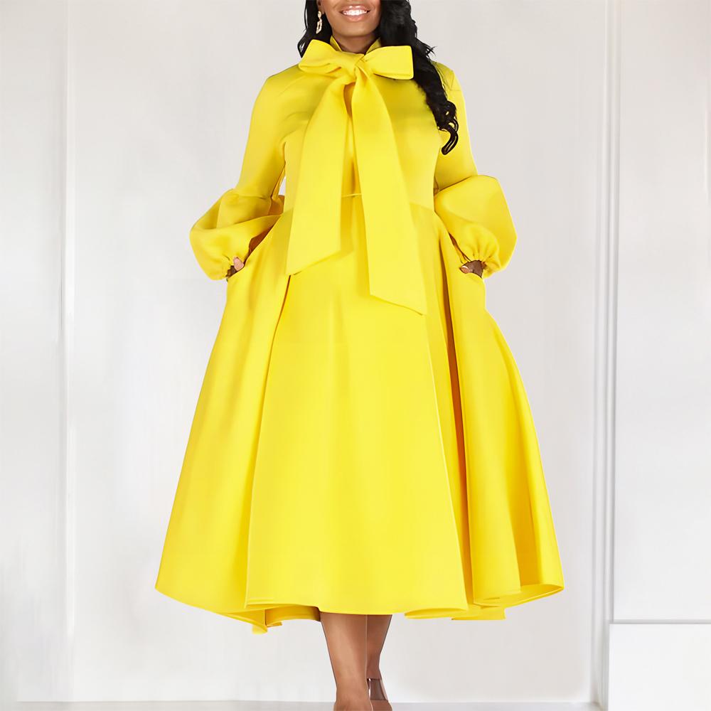 Eleganti Vestiti Donna Collo a Fiocco Manica Lunga Vita Alta Linea ad A Lusso Festa di Compleanno Femminile Vestidos Mujer