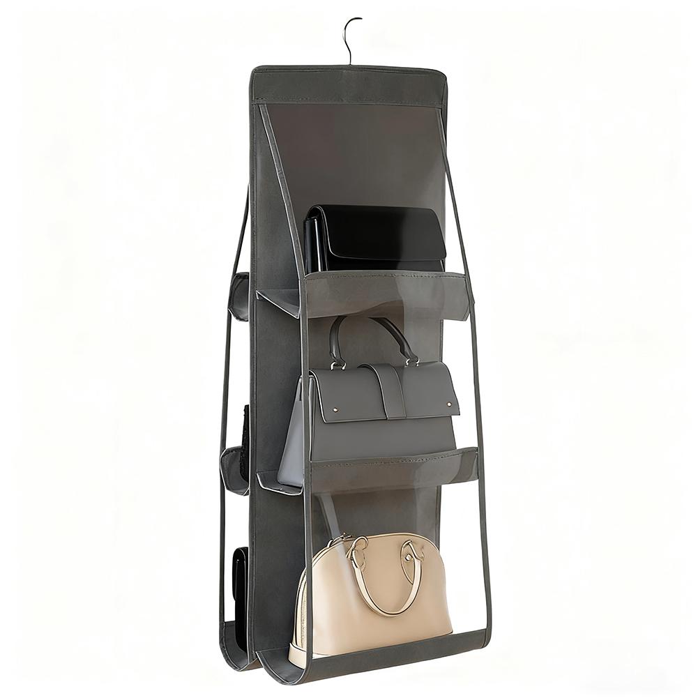 ארגונית תלייה ל-6 כיסים לתיקי יד לארון בגדים אפורה עמידה למים תיק אחסון דלת קיר שקית שקופה למגוון חפצים עם כיס תלייה