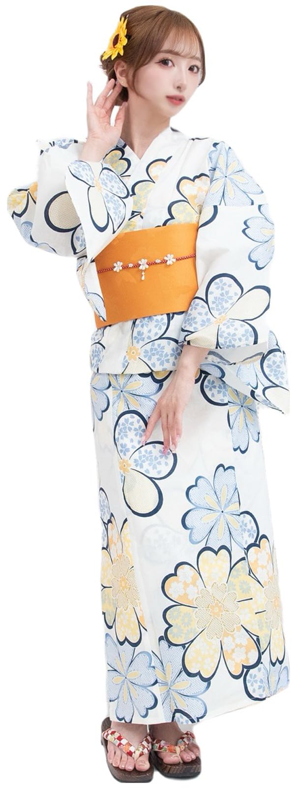 

Yukata Large Floral Japanese Easy to Tie Thong Geta Free Size [RAVIR] Women s 3-Piece Set, Pattern, Colorful, Style, Dress, Obi, Set, Yellow,