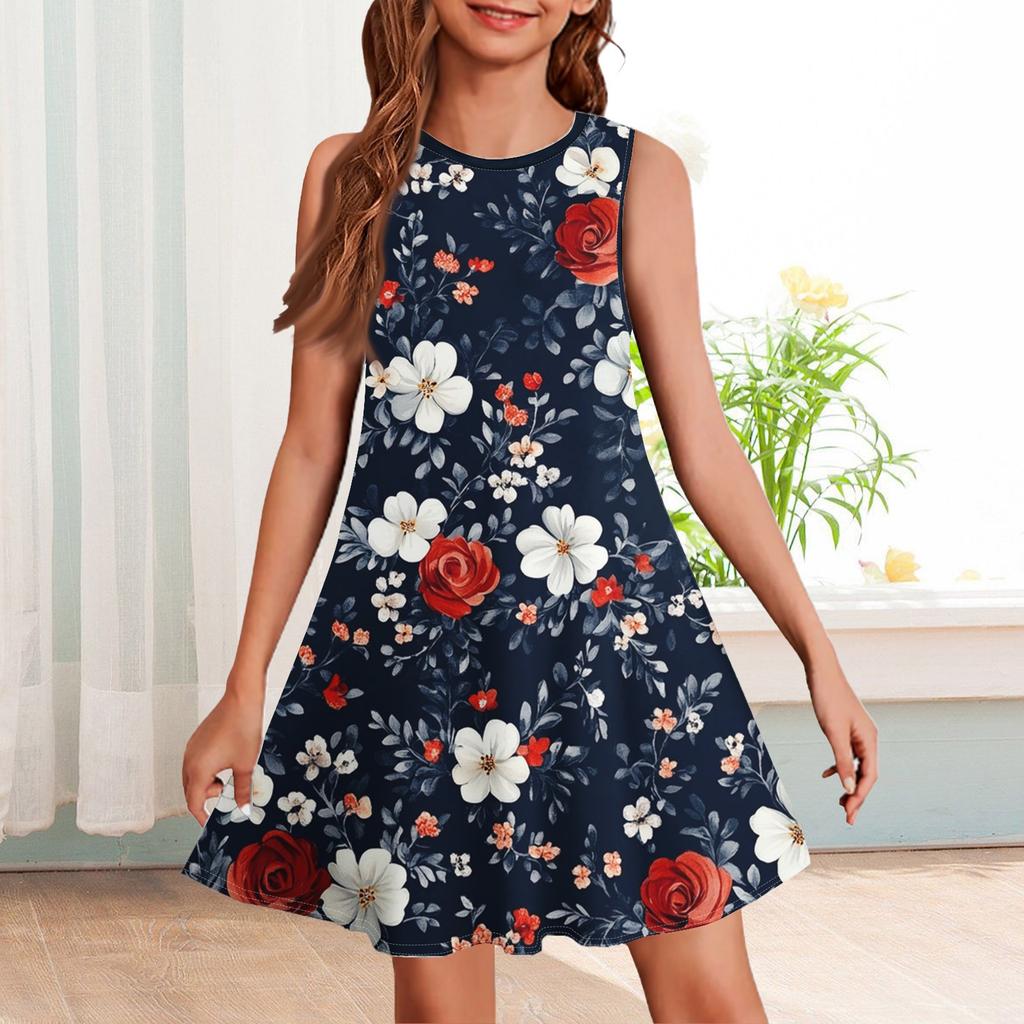Girl Summer Dress Sleeveless Printed Color Casual Dress