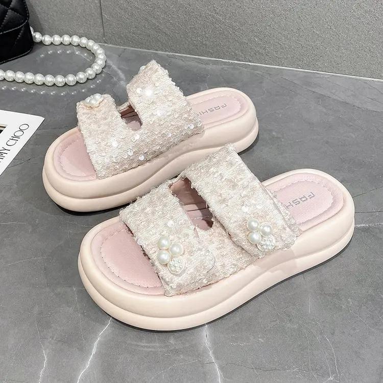 Summer Outside Modern Slippers Mid Heel Flat with Ladies Shoes 2024 High Quality Solid Shallow Novelty Women's Slippers Chinelos