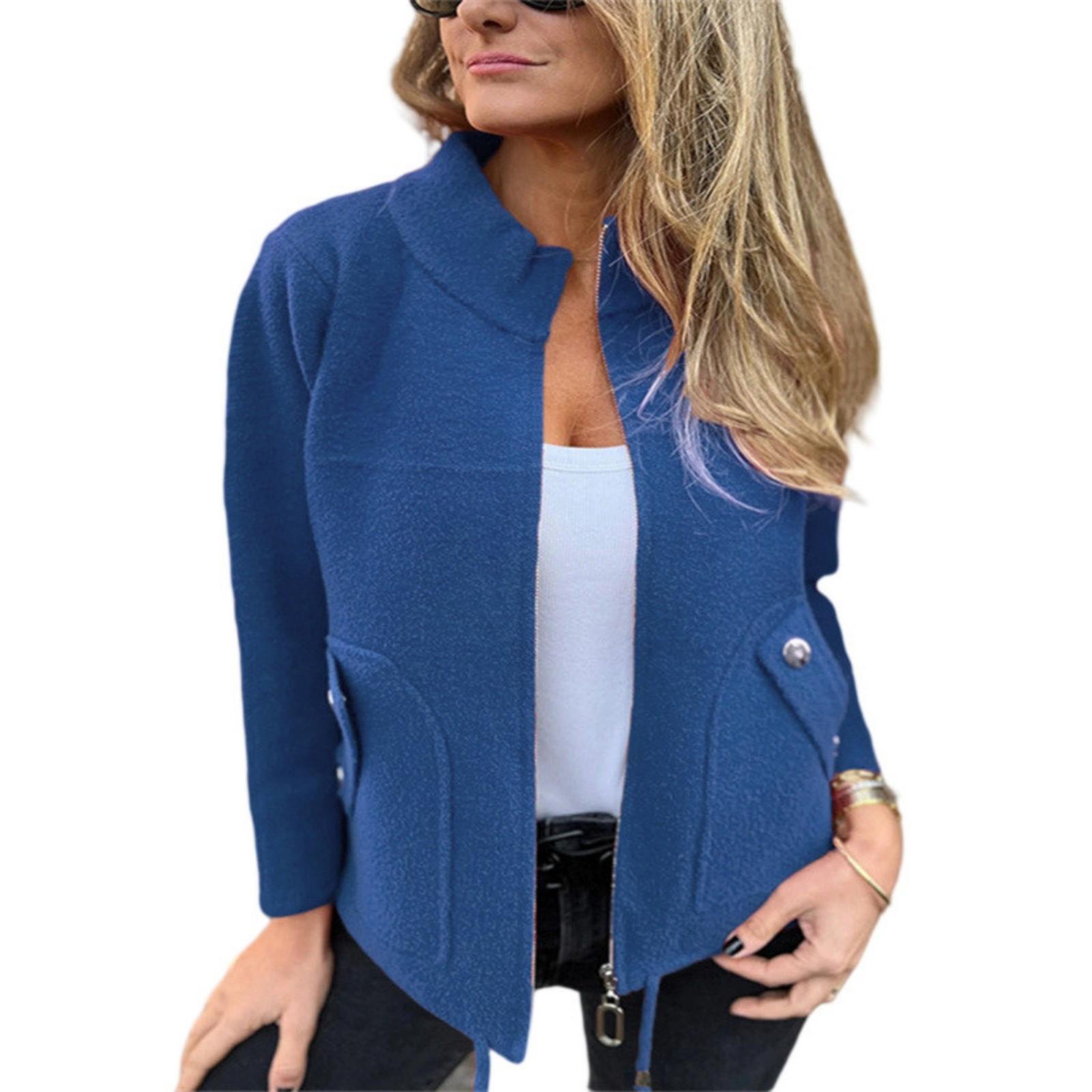 

Модная зимняя женская повседневная шерстяная куртка-пиджак с лацканами и кулиской, с имитацией карманов L синий