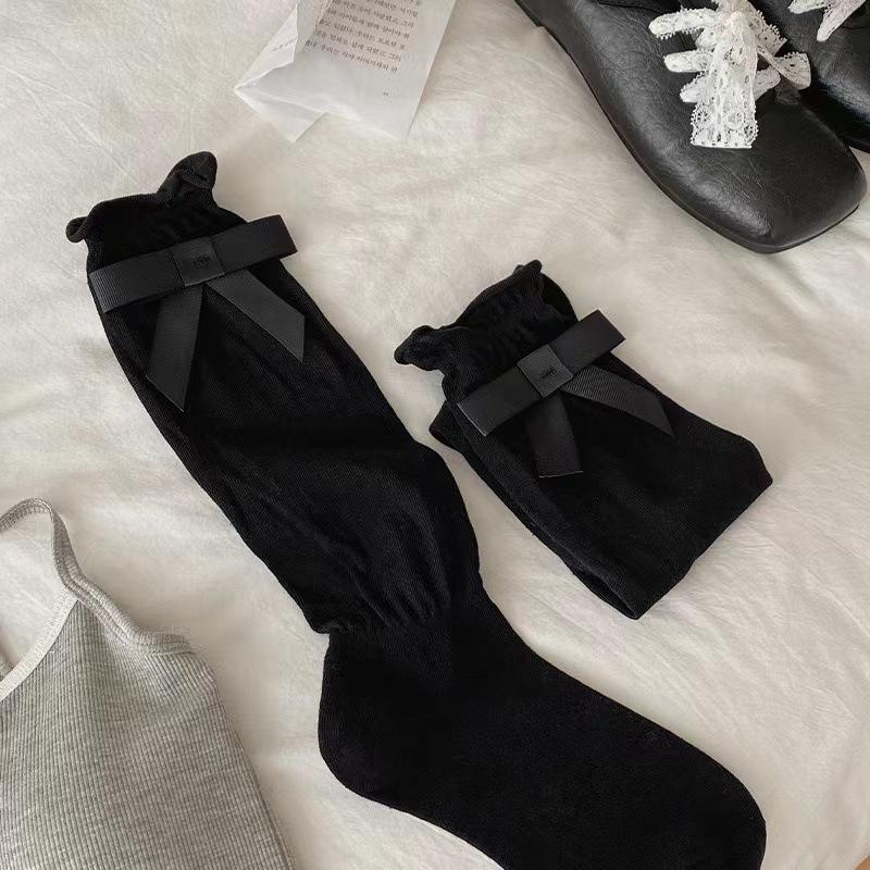 Black, White and Grey Bow Mid-calf Socks, White Ballet-style Socks, Princess-style Autumn Trendy Socks