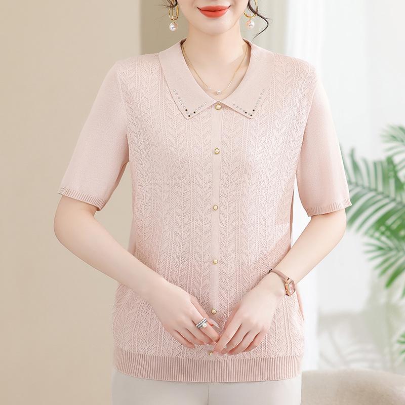 Summer 2025 Ice Silk Knit Doll Collar Cardigan - Women's Short Sleeve Top for Middle-Aged & Elderly