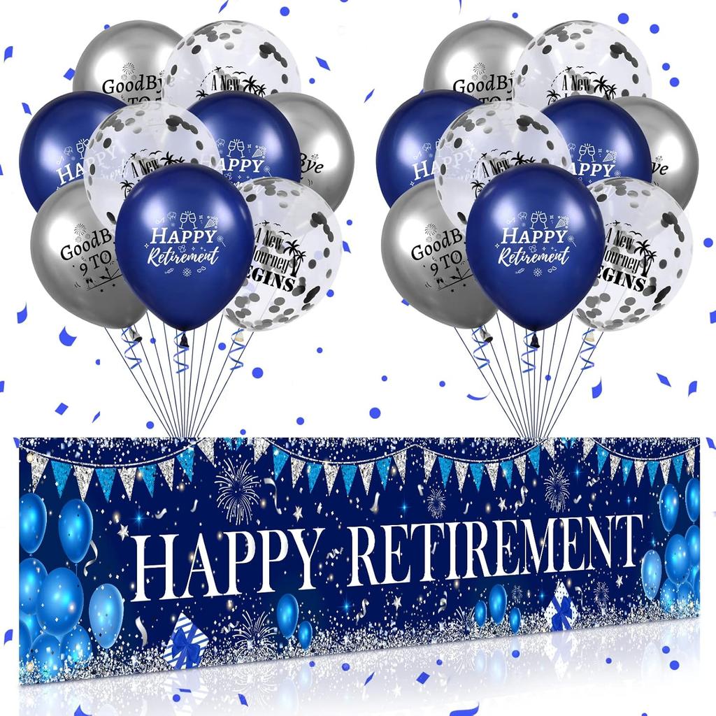 Happy Retirement Decorations Large Navy Blue Silver Happy Retirement Banner Yard Sign with 18 Pcs Retirement Balloons for Men Women Retirement Party