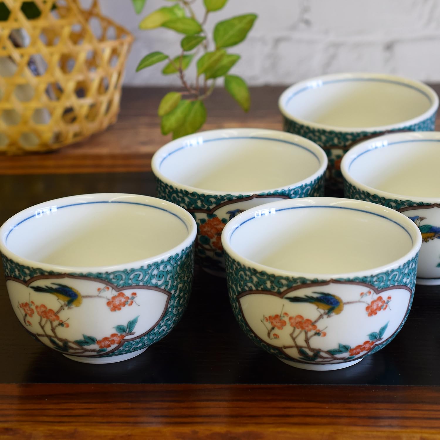 Waza no Kura Stylish Kutani Ware Set of Green Arabesque Flower and Bird Ceramic Perfect for Japanese Made in Ideal for Grand and Other Teacups, 5, зелёный