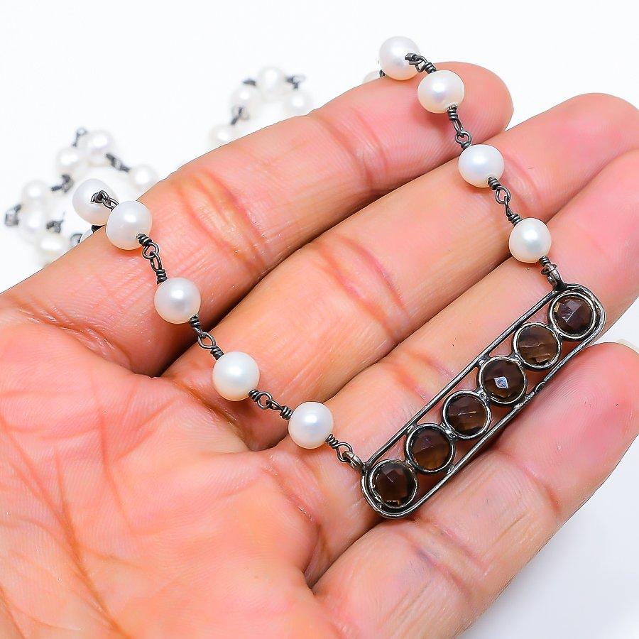 

Smoky Topaz, Pearl Gemstone 925 Sterling Silver Jewelry Necklace 20 GK-6142