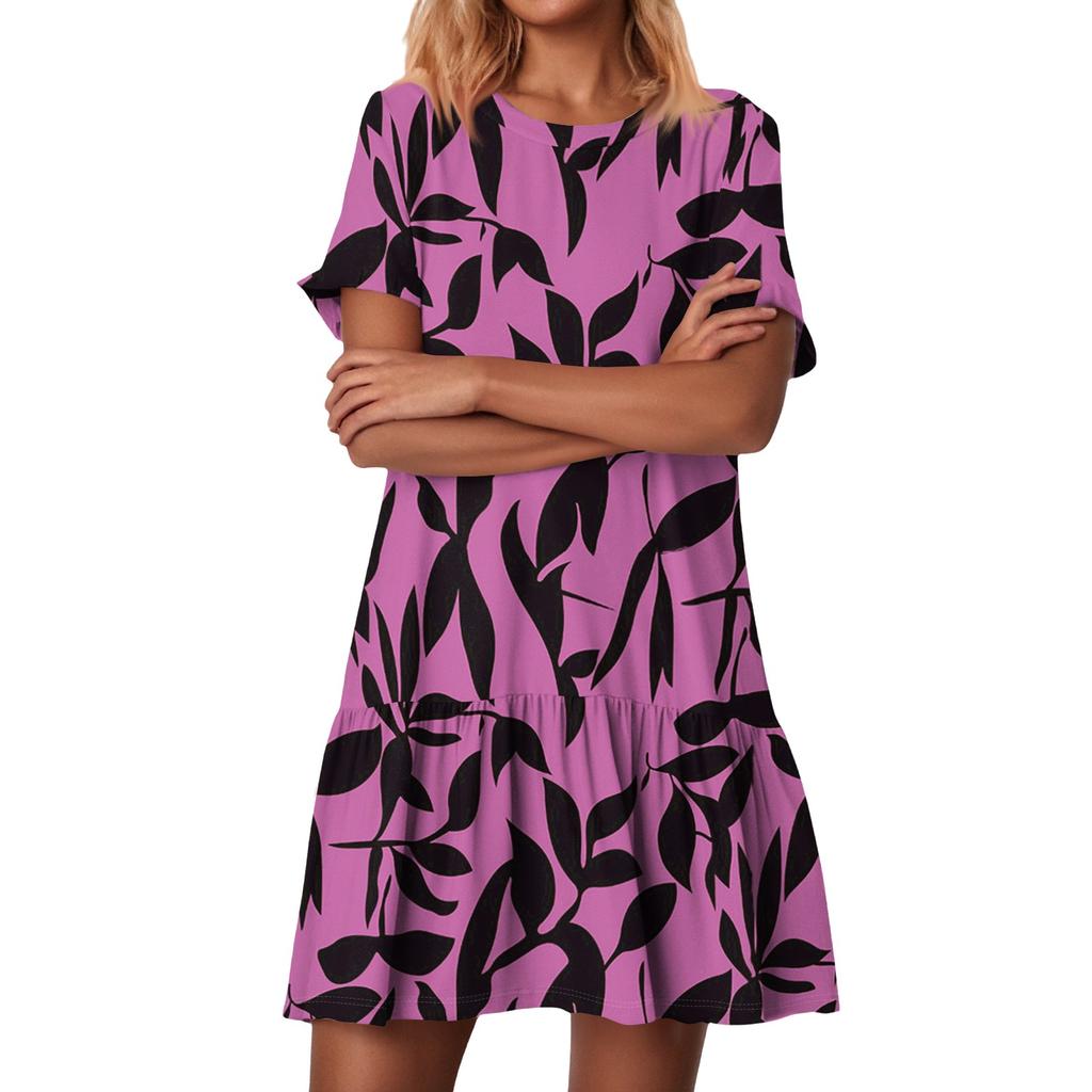 Women's Fashion Casual Round Neck Short Sleeve Ruffled Vintage Printed Dresses