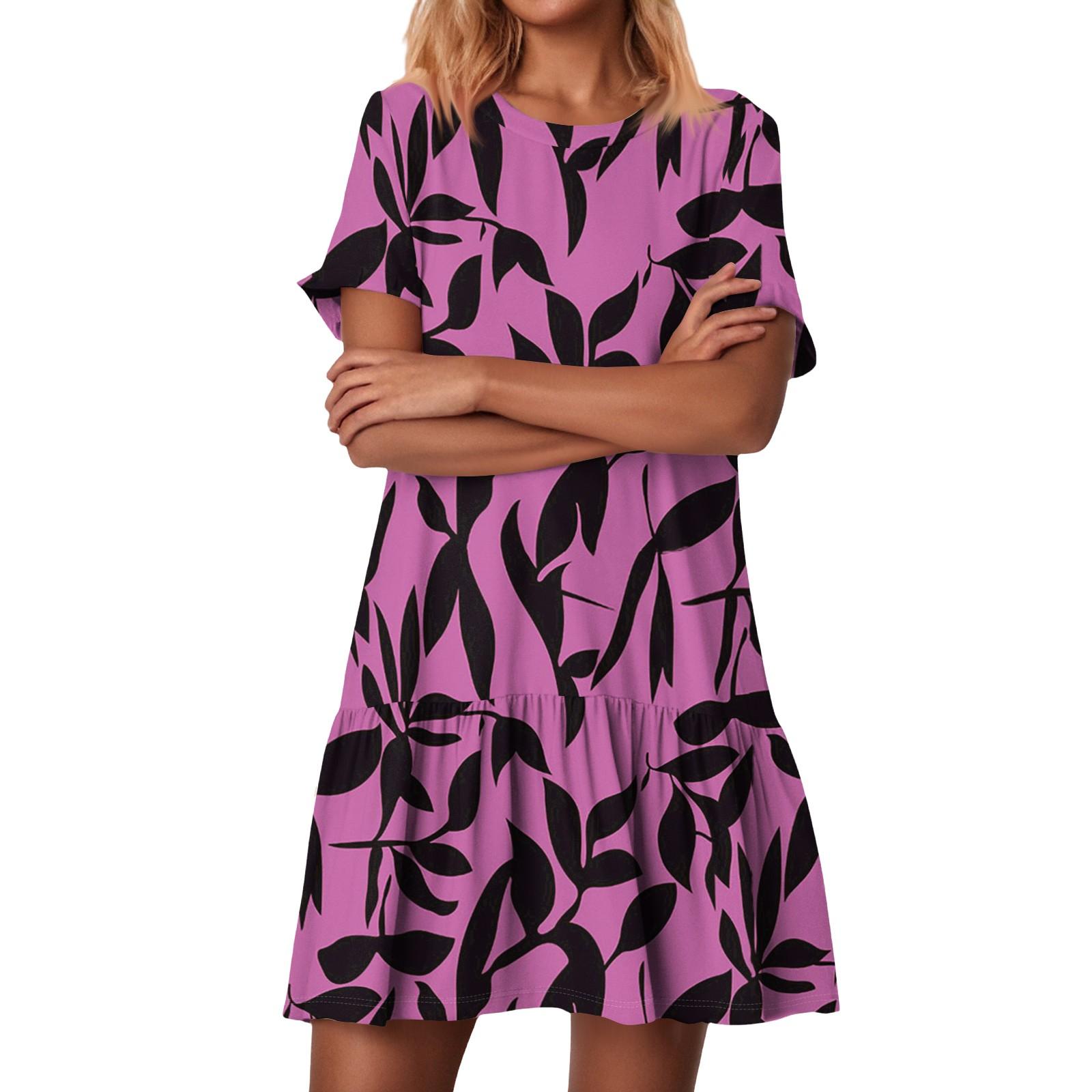 

Women s Fashion Casual Round Neck Short Sleeve Ruffled Vintage Printed Dresses XL фіолетовий