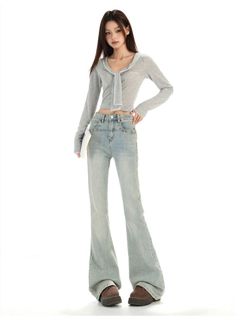 Ge Di Jie Light Blue Washed Slimming, Hip Lifting, Elastic High Waist, Micro Flared Jeans for Women