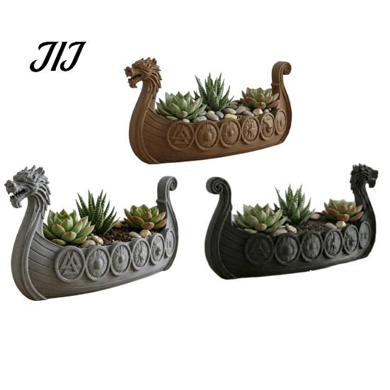 Resin Decorative Plant Pot Viking Longship Planter Pot, Dragon Boat Indoor Holder for Cacti Creative Air Plants, Rustic Nordic Ship Container