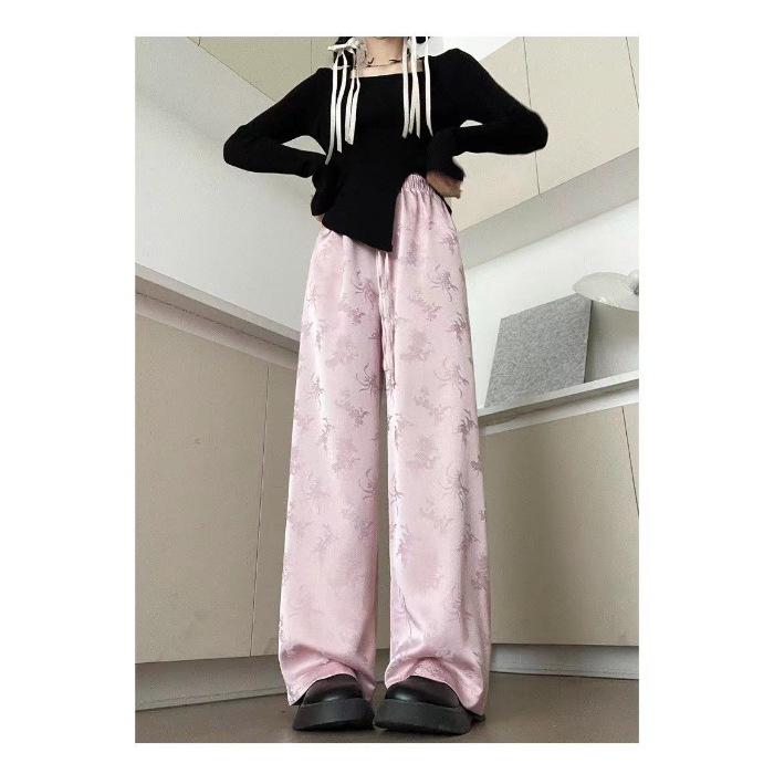 Chinese National Style 2024 Women's Wide-Leg Jacquard High-Waisted Satin Pants