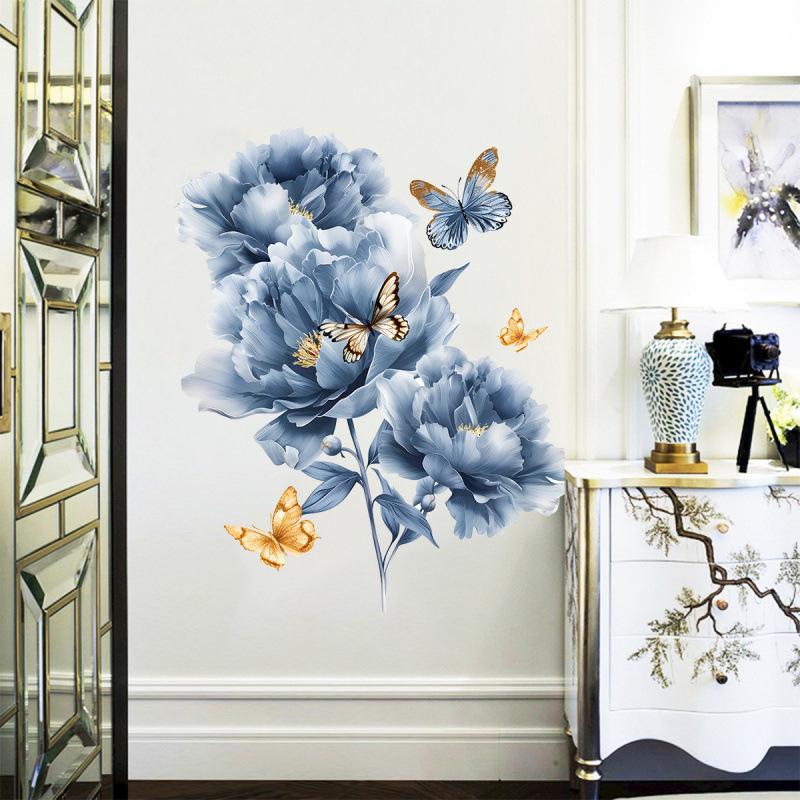 Kreative Blaue Blume Schmetterling Wandaufkleber Selbstklebend Abnehmbar Heimdekor für Wohnzimmer Schlafzimmer Eingang