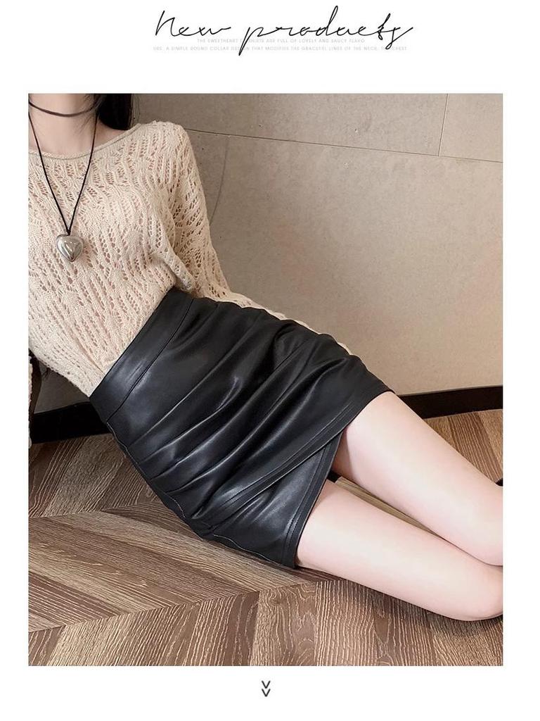 High-Waisted Black A-Line Irregular Leather Short Skirt for Women, Spring/Winter 2026