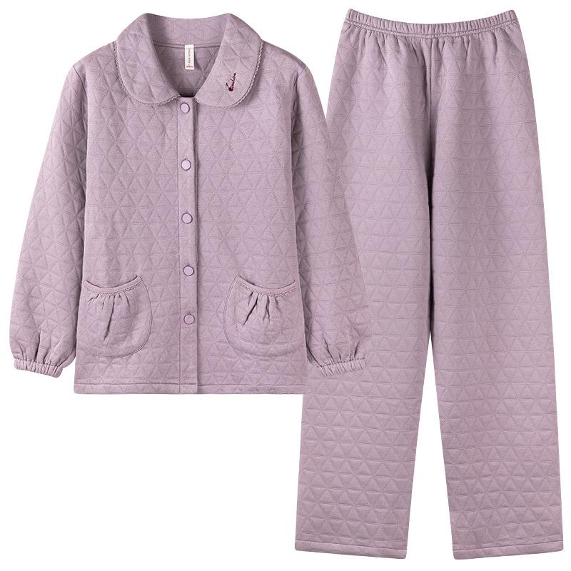 Sandwich Pure Cotton Pajamas Women's Autumn and Winter Mother's Warm Air Cotton Padded Large Size Winter Loungewear Set