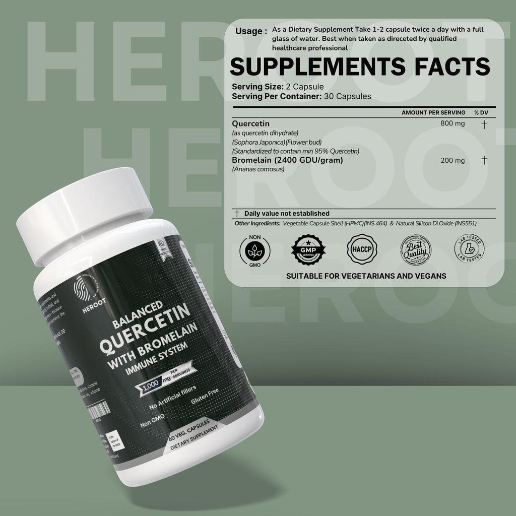 Heroot Quercetin with Bromelain Capsules 1000mg, 60 Vegetarian Capsules for Daily Wellness