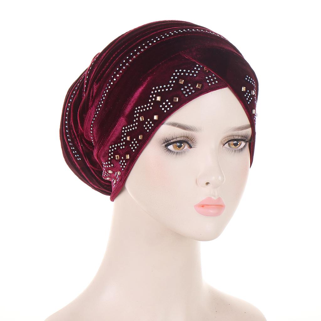Glitter Diamonds Pleated Turban Caps for Women Soft Velvet Head Wraps Caps Muslim Headscarf Bonnet Female Beanie Pullover Cap