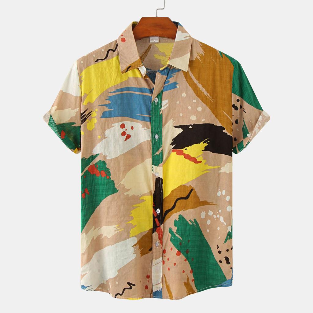 Men's Hawaiian Fashion Resort Print Short Sleeve Top Beach Button Up Shirt