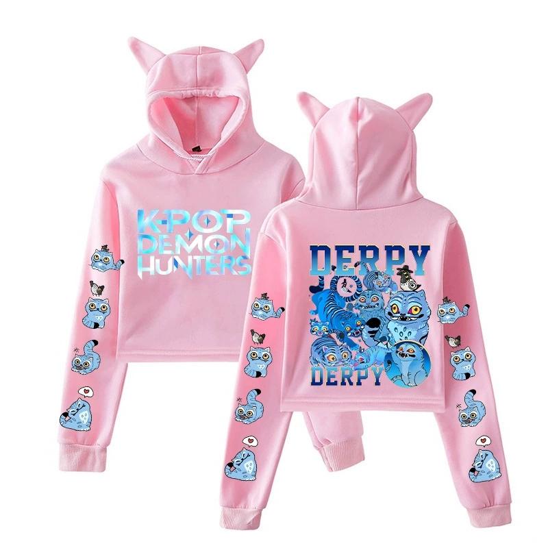 KPop Demon Hunters Derpy Tiger Graphic Design Crop Tops Sweatshirt Long Sleeve Crop Tops Girls Fashion Hoodie XS