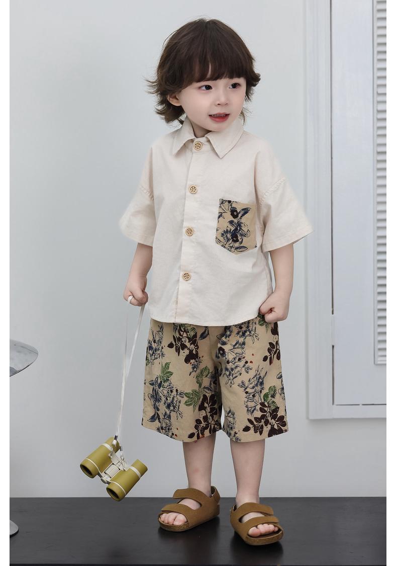 Boys Floral Cotton-Linen Short Sleeve Shirt & Shorts Set (2026) 120cm абрикосовый