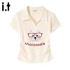 :CHOCOOLATEit Women's Polo Collar Slim Fit Printed Short Sleeve T-Shirt