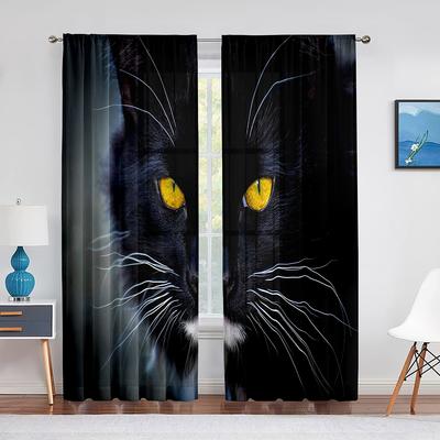 Tenda trasparente con motivo a gatto nero con occhi gialli, per la decorazione del soggiorno, moderna tenda in tulle per finestra, per camera da letto, tende in voile