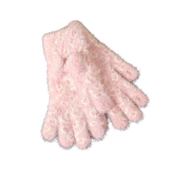 

1 Pair Knitted Gloves Leopard Print Plush Warm Winter Gloves with Tie-Dye Color Bow Decoration Touchscreen Gloves
