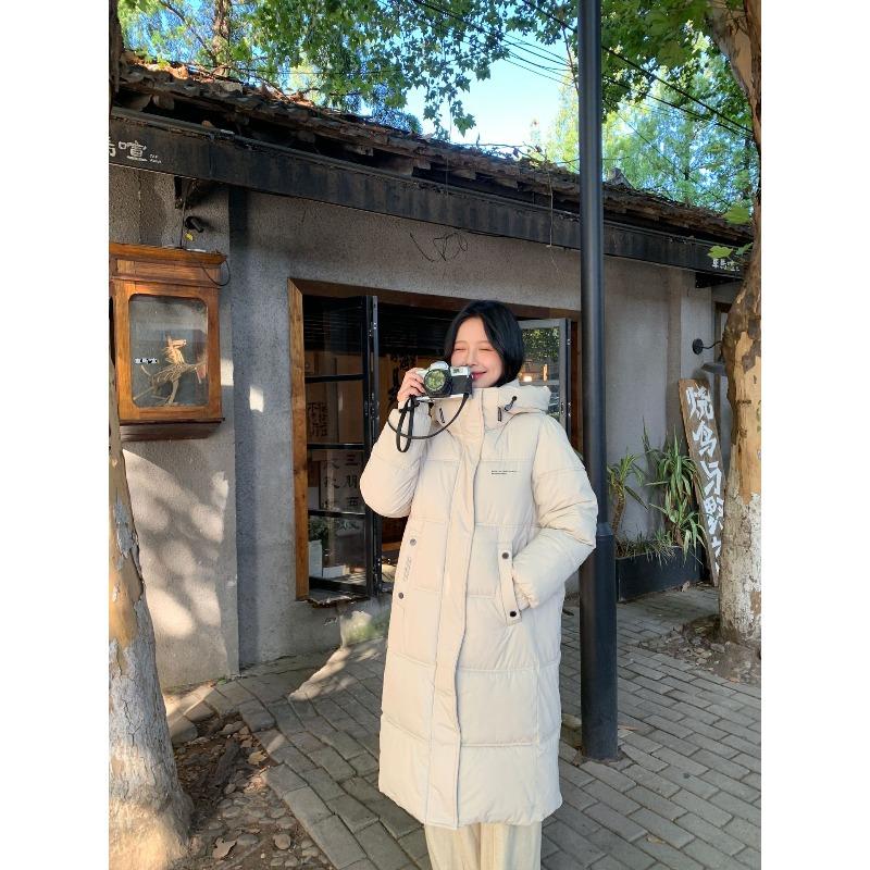 Lång över knäet med huva, dun- och bomullsfodrad jacka för damvinter, ny, lös, bomullsfodrad jacka, förtjockad, varm, bomullsfodrad jacka