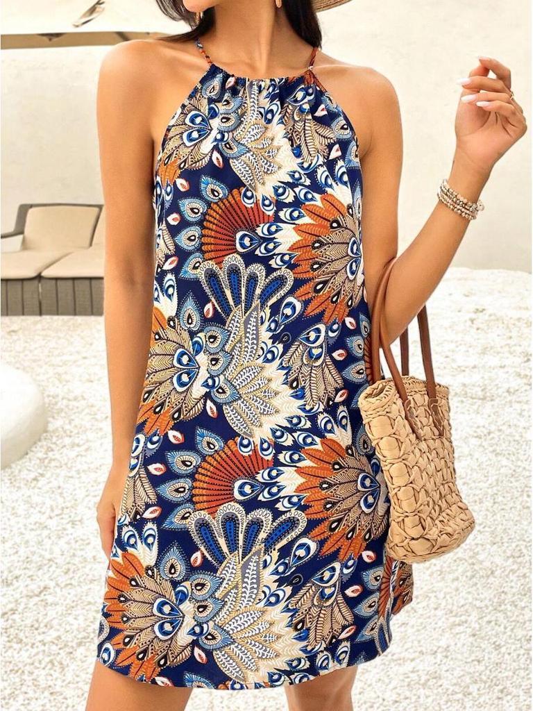 Feather Print Halterneck Camisole Dress - Women's Spring/Summer Vacation Beachwear