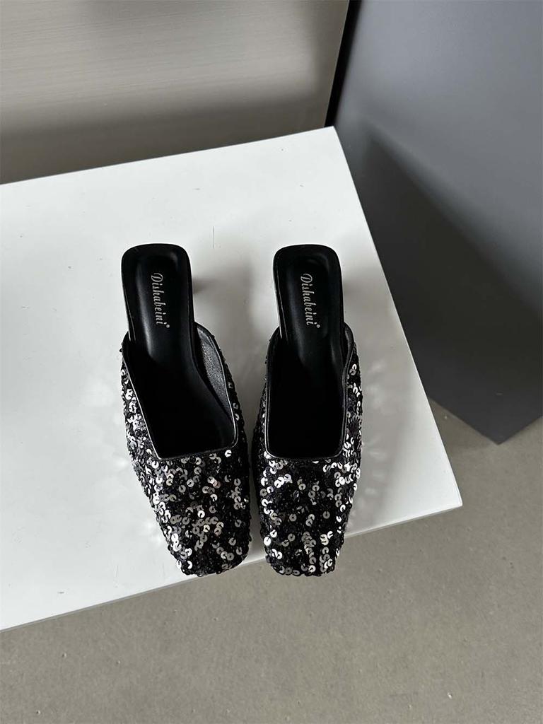Fashion Square Toe Women Slides Slippers Summer Outside Dress Shoes Black Silver 2024 New Arrivals Party Thin Low Heels Sequined Cloth