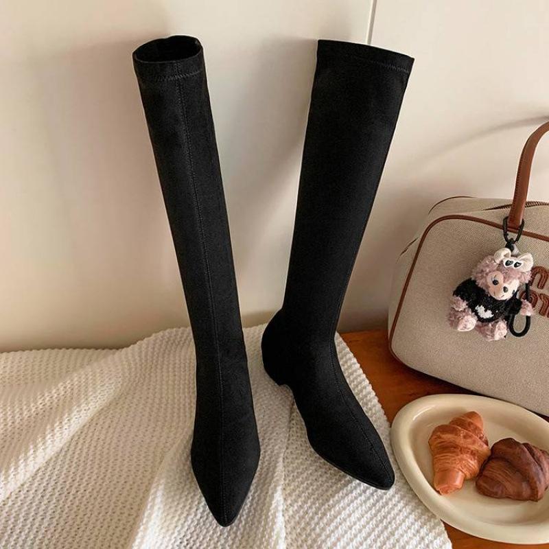 Autumn and winter elastic cashmere large size women's boots solid color non-slip beef tendon sole sleeve wedge heel new leather high boots