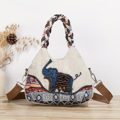 Borsa a tracolla casual intrecciata a mano con motivo a elefante per donna Borsa a tracolla portatile multiuso Borsa a mano in tela da donna
