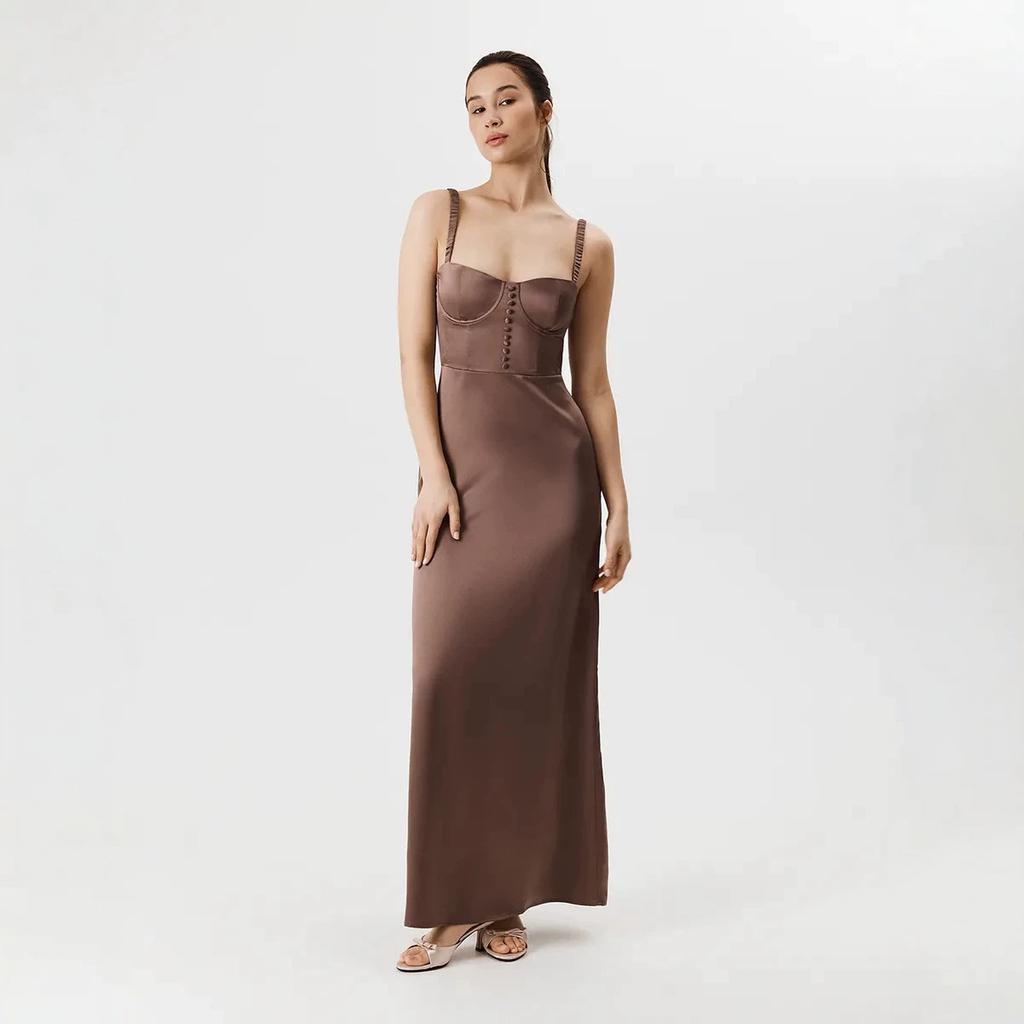 Elegant Coffee-colored Satin Corset-style Suspender Long Skirt, Slim and Slim, Light and Familiar Style Banquet Dress Skirt