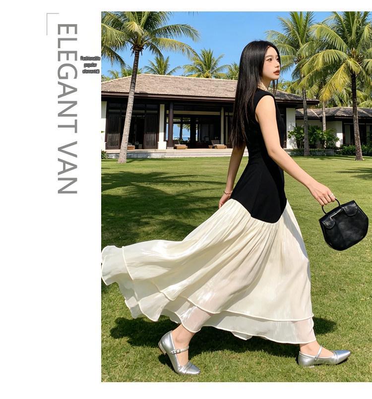 Korean Casual Sleeveless Color Block Mesh Maxi Dress - Women's Summer Slimming Style