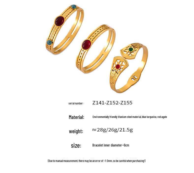 Retro Gold-Plated Titanium Steel Bracelet with Inlaid Natural Stone and Hollow Design for Women