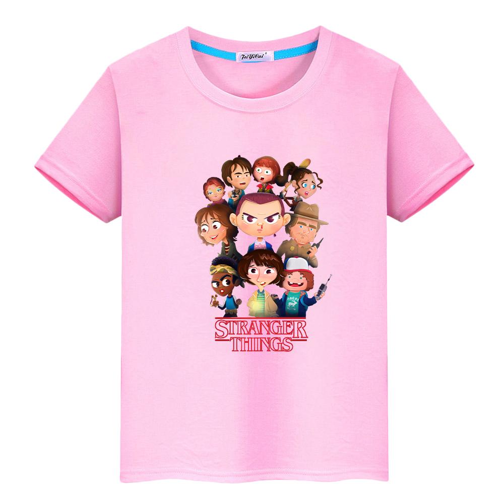 camiseta estampada de stranger things para niños niño10años camisetas de anime 100% algodón kawaii tops cortos camiseta y2k one piece ropa para niños niñas 100 color rosa