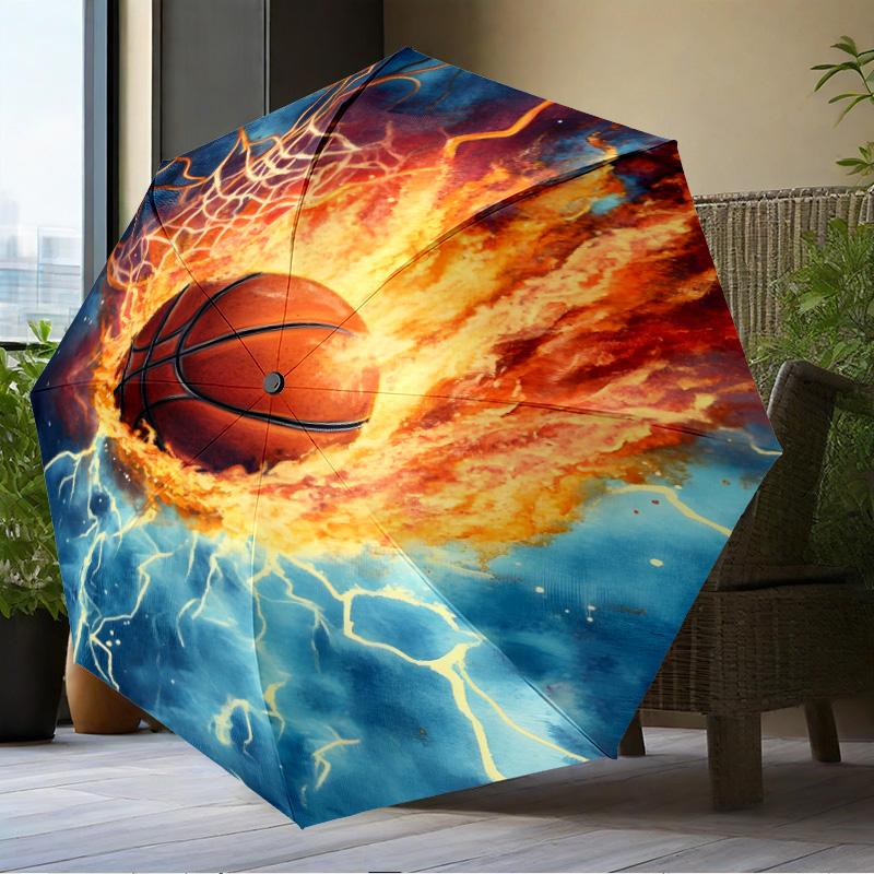 Basketball Crown Fire Sport Umbrella Folding Umbrella, Automatic Umbrella 8-Frame for Travel, Camping Use Gift for Halloween Christmas