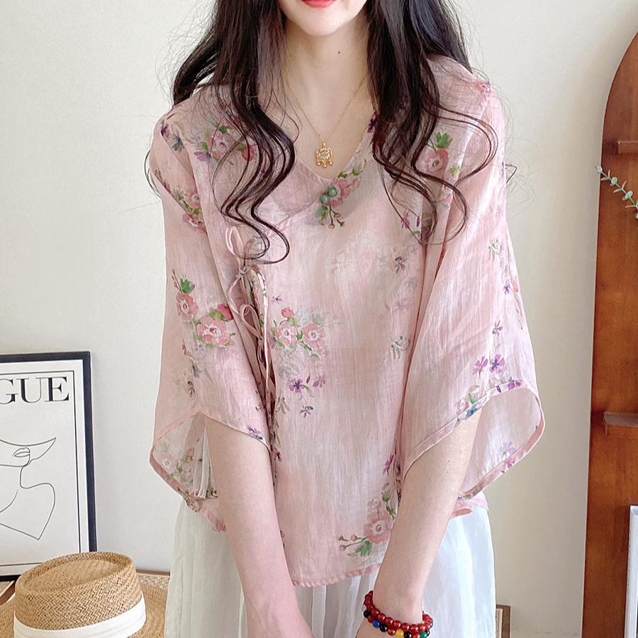 Summer Floral Blouse V Neck Retro Loose Fit Boho Chic Shirt Casual Women Top
