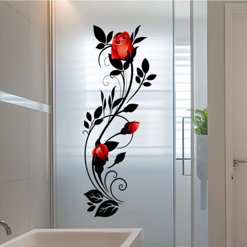Rote Rosenranken Glasaufkleber für volltransparente Badezimmer, Romantische Dekorative Aufkleber