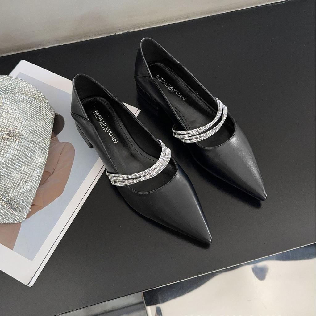 European station pointed women's shoes 25 autumn cowhide shallow mouth with diamonds small women bag head flat sandals lady style fashion