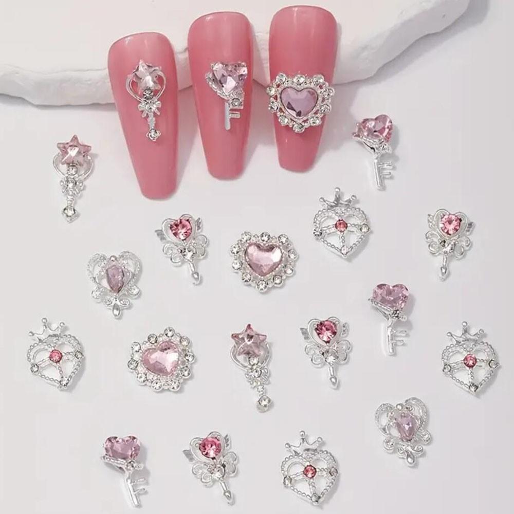 30pcs/box Luxury Pink Diamond Love Heart Nail Charms Kawaii Sailor Girls Magic Wand Crystal Gems DIY Manicure Jewelry Decor #Y2K