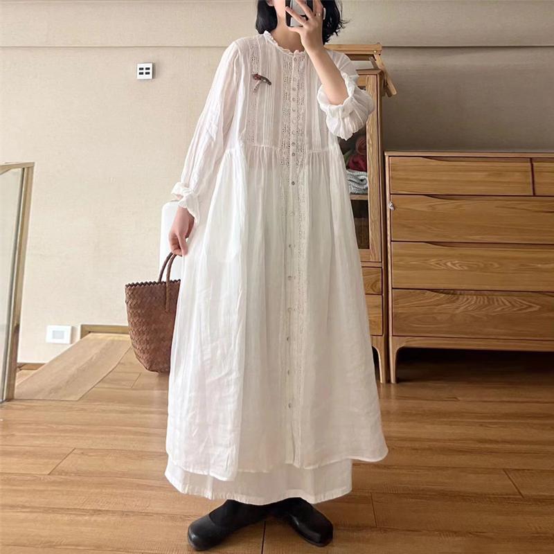 Johnature Japanese Mori Women Hollow Lace Loose Dress Women Summer Thin Loose Casual Vintage Female Dresses