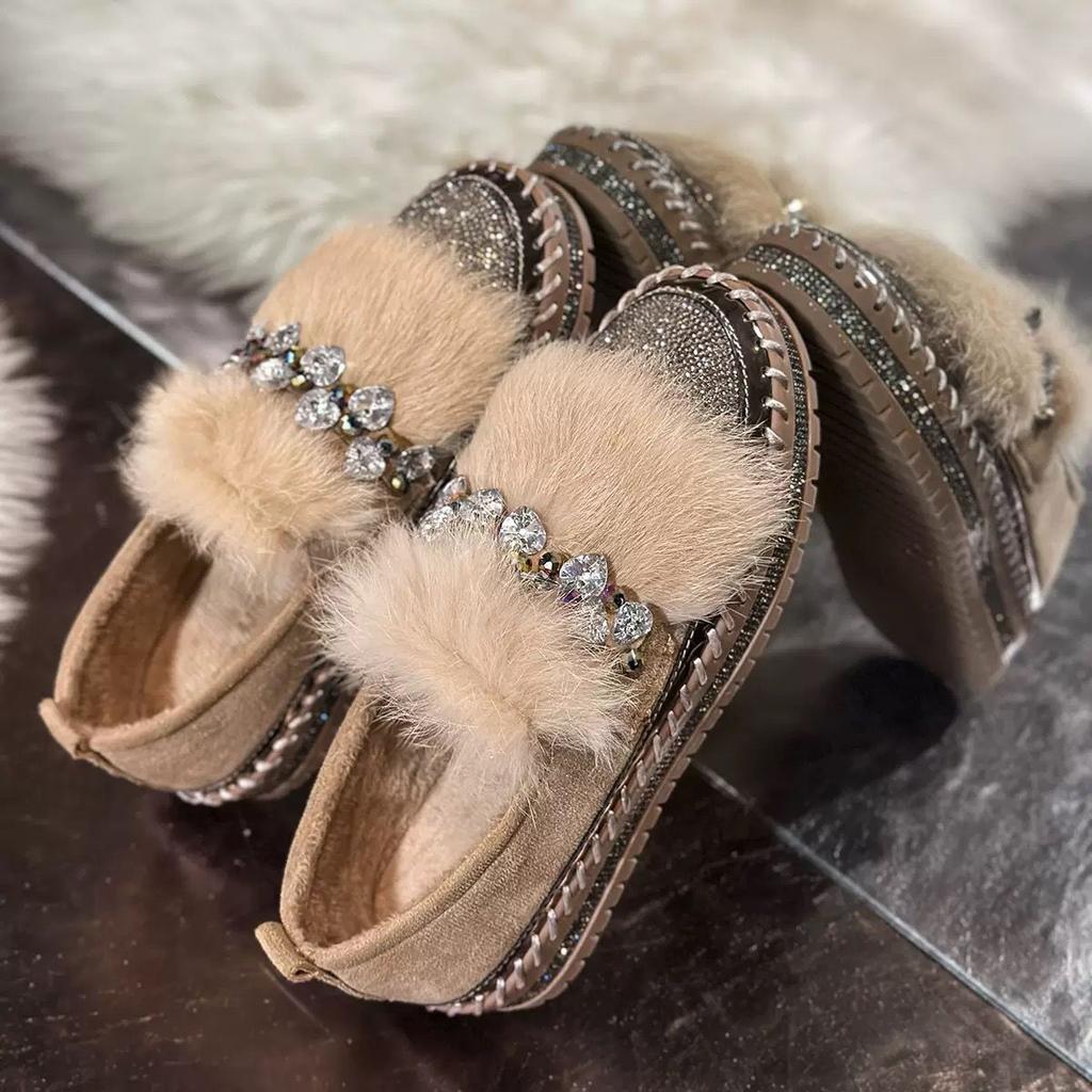Winter Warm Fleece Lined Flat Bottom Bean Shoes Women's 2026 New Style Butterfly Knot Rhinestone Decorated Casual Loafers
